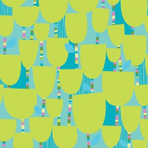 May include: A repeating pattern featuring stylized lime green tulip-like shapes against a light blue background. The design includes vertical stripes and small blue leaf shapes, creating a vibrant, abstract floral motif.