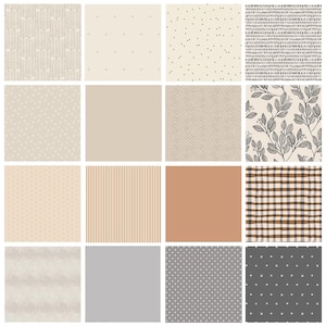 May include: A collection of sixteen fabric swatches with various patterns. Designs include dotted, striped, and plaid patterns in neutral colors such as beige, brown, and gray. Some swatches feature leaf and geometric designs.