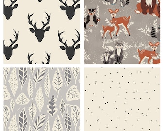 Hello Bear Quilting Bundle | Woodland Fabric for Quilts | Fabric with Deer Heads | Gray Woodland Fabric Bundle | Bonnie Christine | AGF