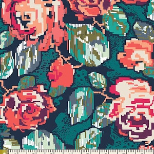 May include: A teal blue fabric with a pixelated floral pattern in shades of pink, red, and white. The fabric is measured in inches.
