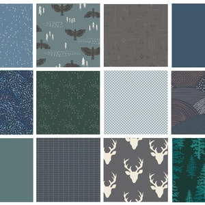 Navy Green Gray Woodland Quilt Bundle | Hello Bear | Lambkin | Deer Heads | Fat Quarters for Men | Trees Birds Hunting | Art Gallery Fabrics