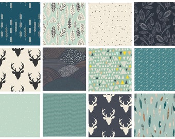 Woodland Fabrics for Quilting | Dark Quilt Fabrics | Hello Bear Quilt Bundle | Navy Teal Black | Moths Mushrooms Arrows | Art Gallery Fabric