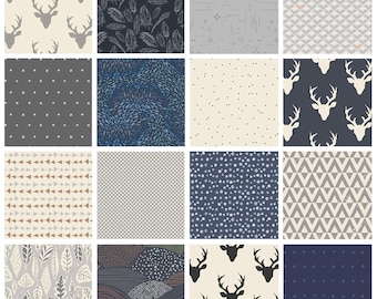 Woodland Fabric Bundle | Hello Bear Deer Head Quilt Fabric | Bundle for Baby Boy | Navy Gray Trees Feathers Leaves | Art Gallery Fabrics
