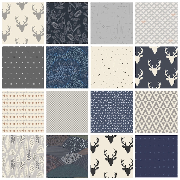 Woodland Fabric Bundle | Hello Bear Deer Head Quilt Fabric | Bundle for Baby Boy | Navy Gray Trees Feathers Leaves | Art Gallery Fabrics