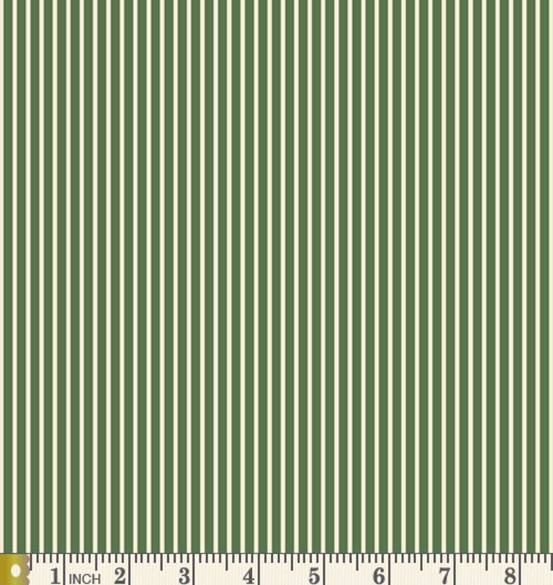 May include: A fabric with alternating green and white vertical stripes. The fabric is measured in inches.