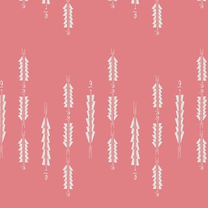 May include: A seamless pattern of white stylized pine trees on a pink background. The trees are arranged in a staggered pattern, creating a sense of depth and movement.