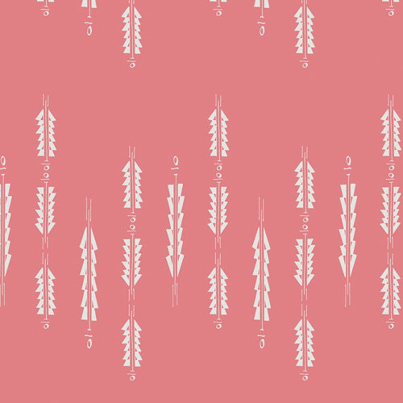 May include: A seamless pattern of white stylized pine trees on a pink background. The trees are arranged in a staggered pattern, creating a sense of depth and movement.