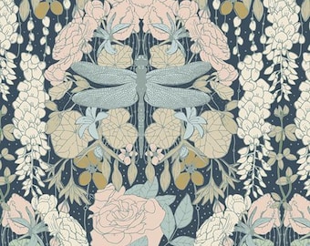 Libellule Awakening | Spring Equinox | Art Gallery Fabrics | SPE68300 | Katie O'Shea | Navy Woodland Fabric | Sold by the 1/2 yard