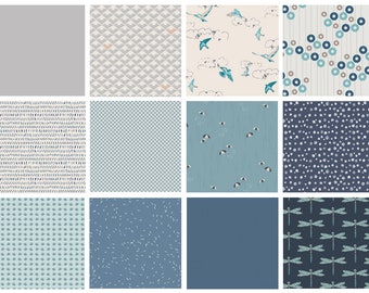 Blueberry Pie Curated Quilt Bundle | Gray Ivory Blue | Fat Quarters for Baby Boys | Birds Dragonflies Nature | Art Gallery Fabrics