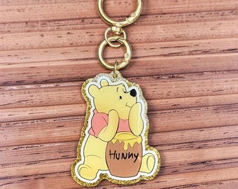 Winnie the Pooh with Glitter Gold Outline Keychain, Disney Bag Accessory