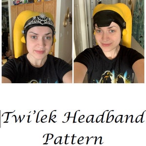 May include: A yellow Twi'lek headband with black accents and a black headband. The image shows two different styles of the headband. The text at the bottom reads "Twi'lek Headband Pattern" and "Original Pattern by Dennica Fifield."