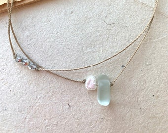 Sea glass and pearl choker, double choker, layering necklace, dainty necklace, string choker, boho choker, summer necklace,  gift for her