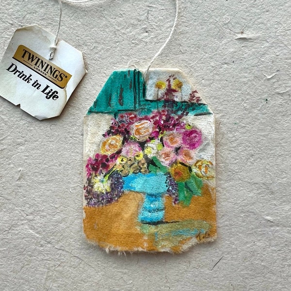 Original tea bag painting, tea bag art, stilllife painting, tiny painting, home decor, flower painting, oringinal art, house warming gift