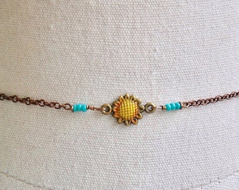 Sunflower choker, flower choker,hippie choker,sun choker,turquoise choker,beaded choker,charm choker,boho choker,festival choker,