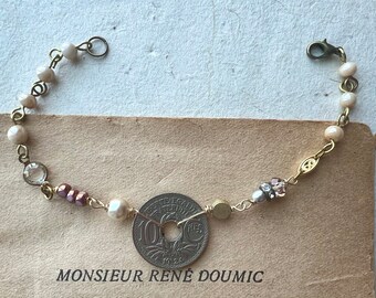 Vintage French coin beaded bracelet, bohemian bracelet, rhinestone bracelet,mpearl bracelet, layering bracelet, coin bracelet, gift for her