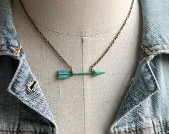 Woodland arrow necklace, arrow necklace, verdigris necklace, pendant necklace, statement necklace, layering necklace, boho necklace,