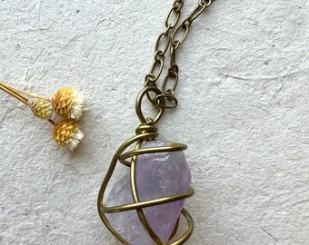 Caged Amethyst pendant necklace, long necklace, gemstone necklace, stone necklace, layering necklace, birthstone necklace, yoga, meditation