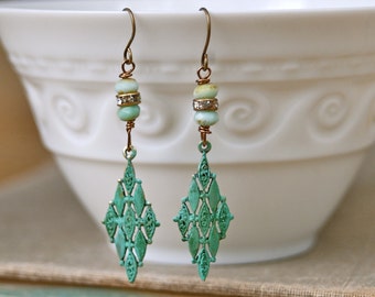 Jess. bohemian art deco verdigris green dangle earrings. Tiedupmemories