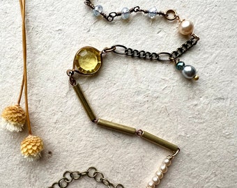 Mixed metal yellow charm bracelet, pearl bracelet,dainty bracelet, gemstone bracelet, vintage style, boho bracelet, layering bracelet, gift