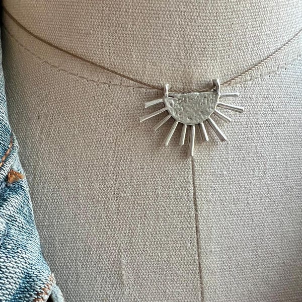 Antique silver sunburst cord necklace, minimal statement necklace,layering jewelry