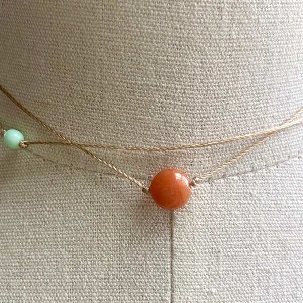 Beaded gemstone choker, string choker, double choker, layering necklace, simple choker, boho choker, summer necklace, stone necklace