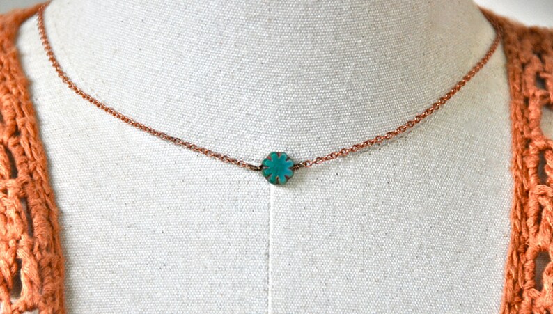 Simple choker necklaceteal glass bead necklaceminimalist necklaceboho chokerflower chokerhippieshort necklacecopper necklacechoker