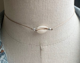 Silver crystal beaded cowrie shell necklace, shell jewelry, choker necklace, layering necklace, simple necklace, beach choker, boho choker