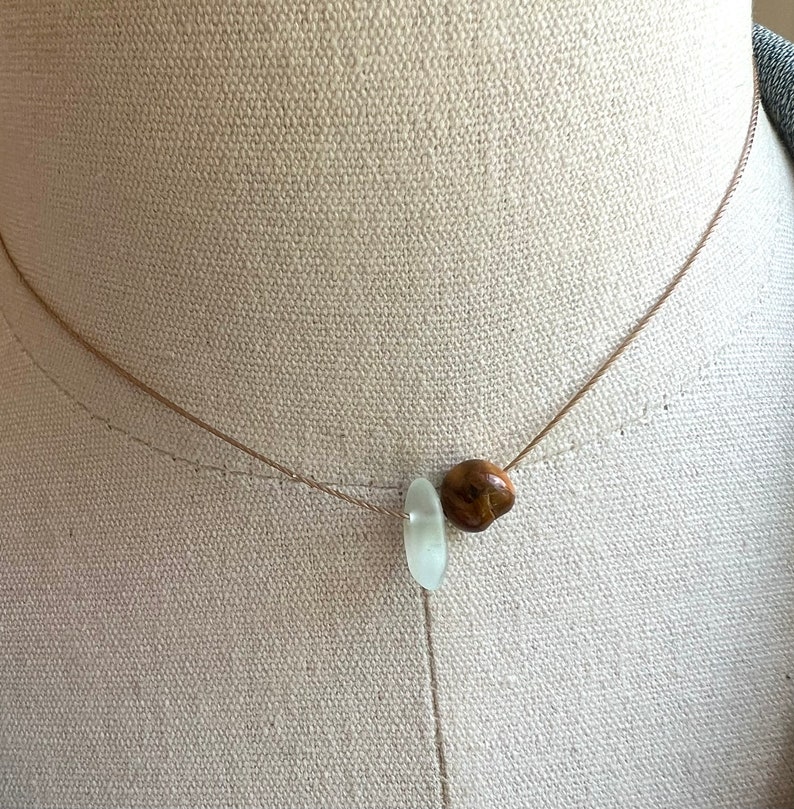 Tiger eye and Sea glass necklace, choker necklace, beaded necklace, layering necklace, gemstone necklace, string necklace, simple necklace image 1