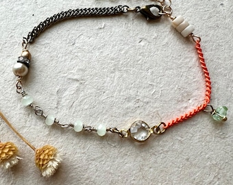 Modern mixed metal charm bracelet, gemstone bracelet, orange bracelet, crystal bracelet, boho bracelet, rhinestone pearl bracelet, gift