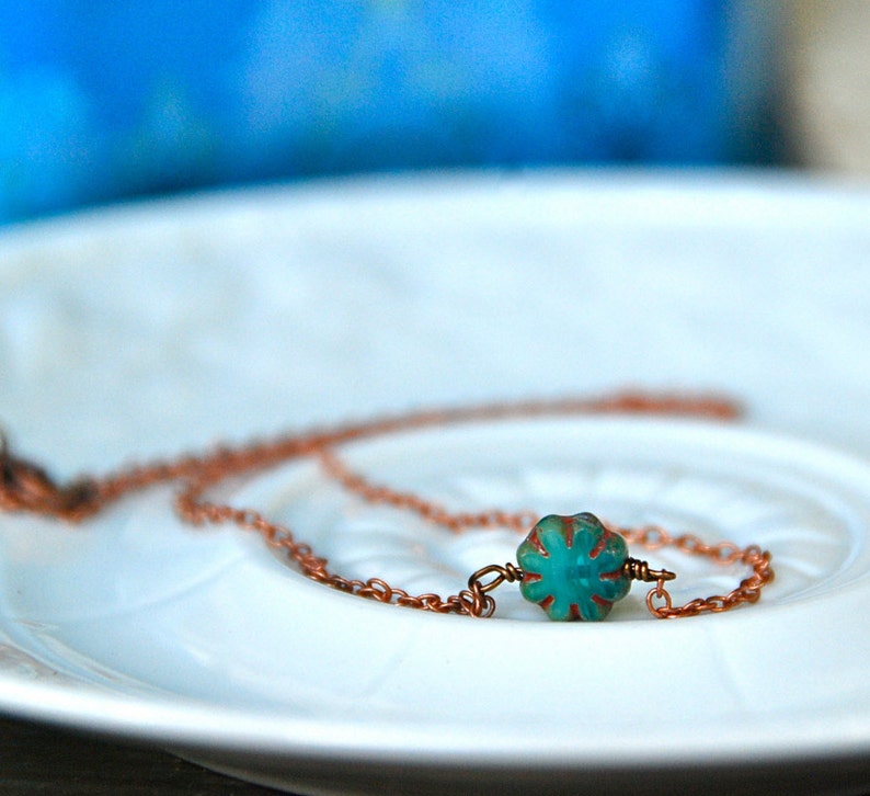 Simple choker necklaceteal glass bead necklaceminimalist necklaceboho chokerflower chokerhippieshort necklacecopper necklacechoker