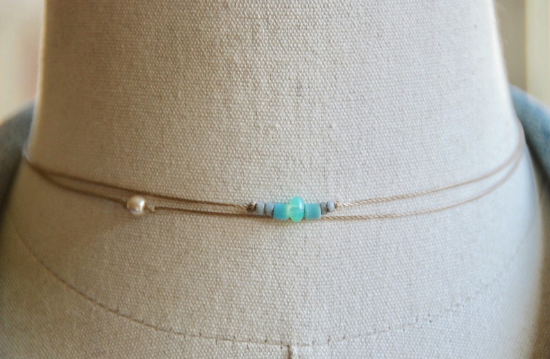 Double layered cord choker,pearl choker,string choker,beaded choker,boho choker,bohemian choker,opal choker,short necklace,layering necklace image 1