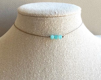 Dainty amazonite choker necklace,gemstone choker,boho jewelry, stone necklace, beaded amazonite choker,blue minimalist cord necklace