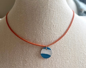 Orange enamel necklace, blue pendant necklace, colorful necklace, boho necklace, short necklace, layering necklace, summer necklace, gift