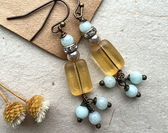 Dainty amazonite dangle earrings, pearl earrings, rhinestone earrings, yellow earrings, Spring earrings, vintage style, boho earrings,gift