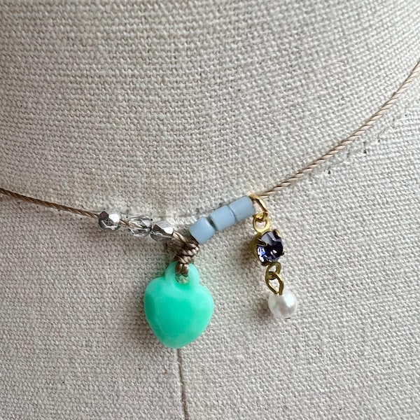 Tiffany blue heart cord choker necklace-vintage beads,crystal & pearl dangle ,dainty Valentine’s Day jewelry