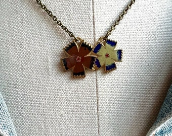 Double enamel flower necklace, pendant necklace, vintage style necklace, boho necklace, layering necklace, fall necklace, everyday necklace