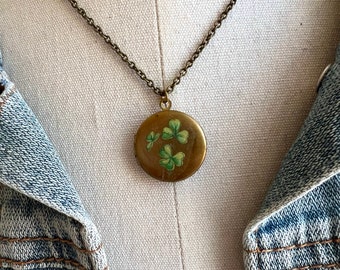 Shamrock locket necklace, brass locket necklace, Irish necklace, good luck necklace, St Patrick’s day, sentimental necklace, gift for her