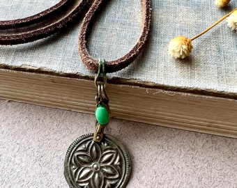 Long leather cord necklace, metal pendant necklace, boho hippie necklace, summer necklace, bohemian necklace, green beaded necklace, gift