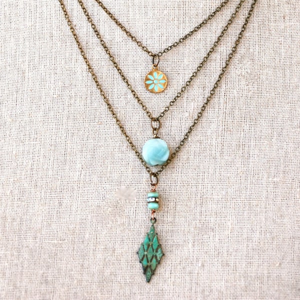 Boho Layered Charm Necklace: Antique Brass, Amazonite, Verdigris