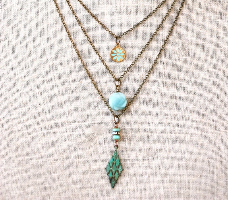 Boho Layered Charm Necklace: Antique Brass, Amazonite, Verdigris