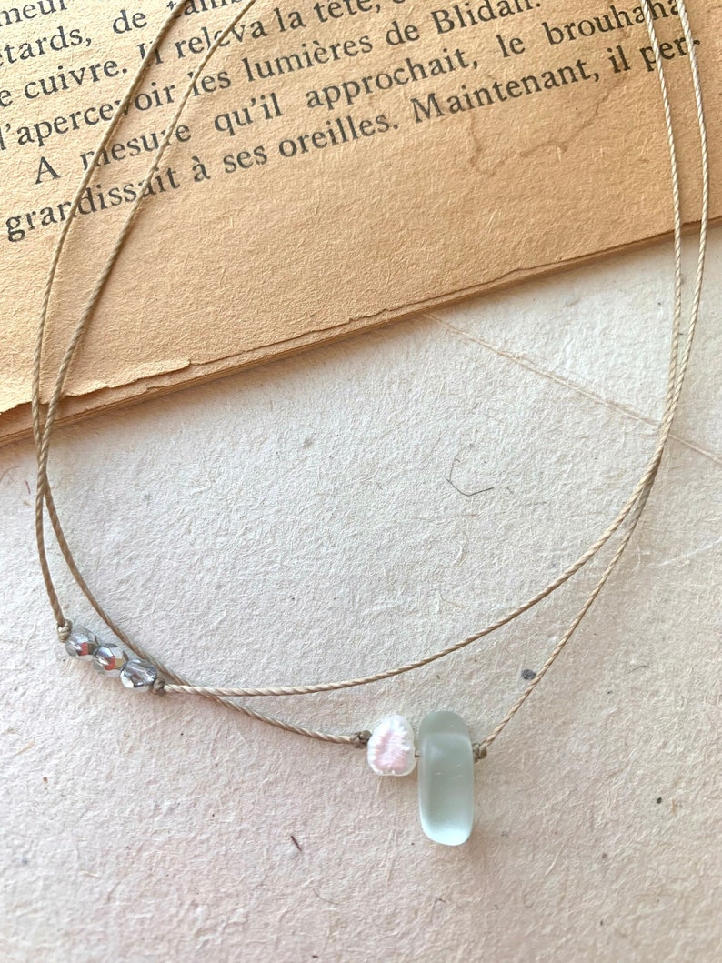 Sea glass and pearl choker, double choker, layering necklace, dainty necklace, string choker, boho choker, summer necklace, gift for her image 1