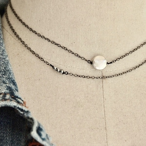 Gunmetal Layered Choker Necklace: Silver Coin & Beads