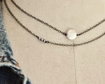 Gunmetal Layered Choker Necklace: Silver Coin & Beads