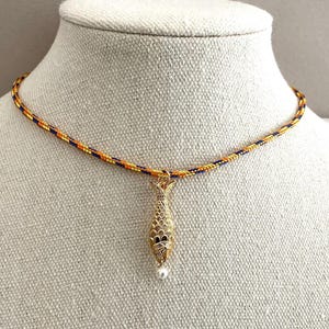 Sporty golden fish cord necklace, pendant necklace, Summer necklace, layering necklace, short necklace, pearl necklace, charm necklace