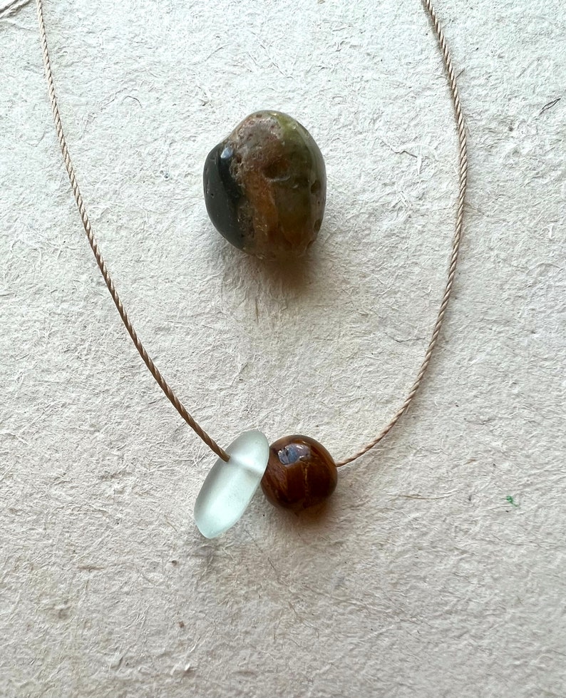 Tiger eye and Sea glass necklace, choker necklace, beaded necklace, layering necklace, gemstone necklace, string necklace, simple necklace image 2