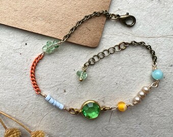 Colorful bohemian beaded bracelet, dainty bracelet, gemstone bracelet, pearl bracelet, green  bracelet, layering bracelet, gift for her