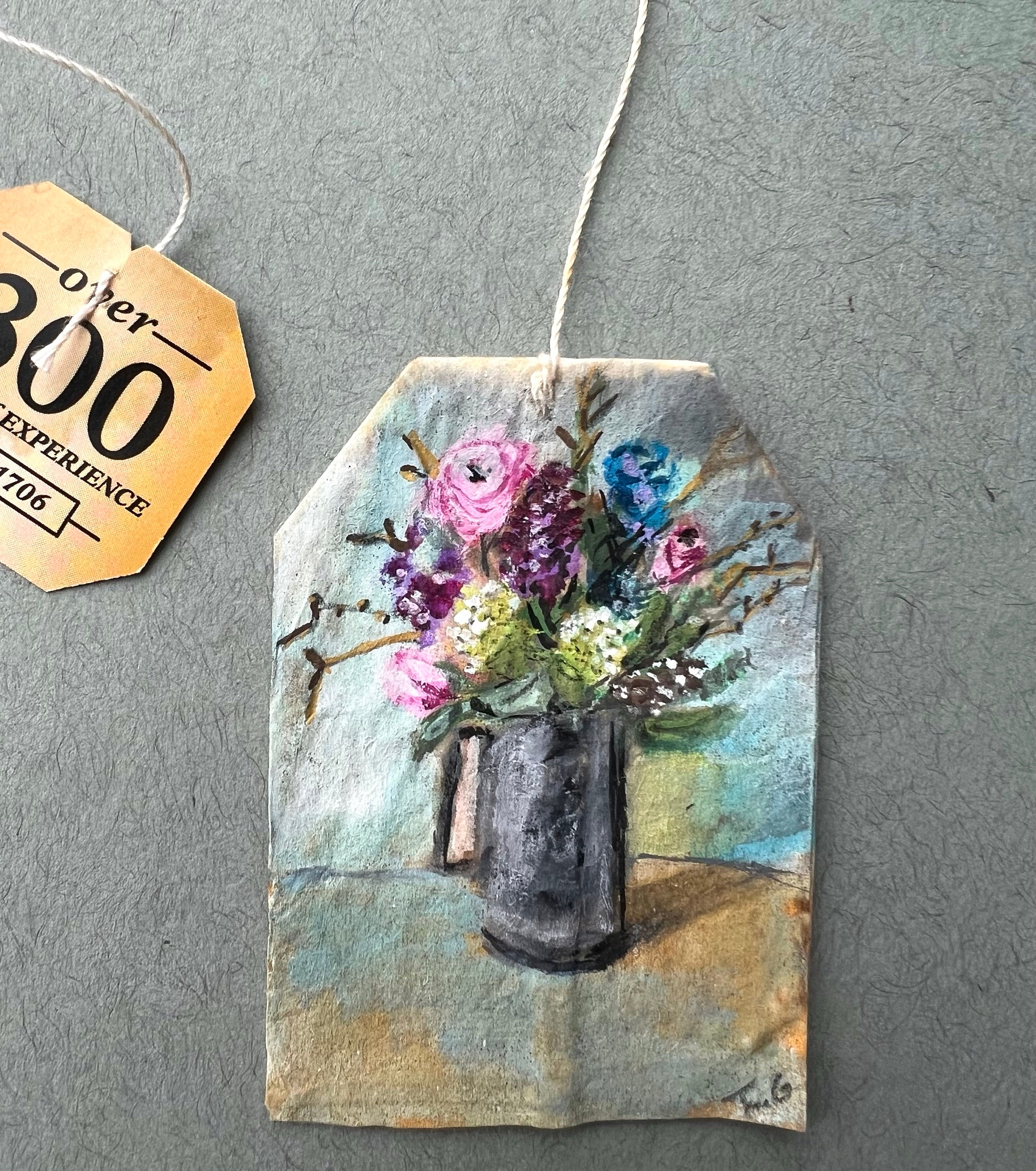 Original tea bag painting flower painting floral painting teabag art miniature painting home decor stilllife painting tea lover Etsy