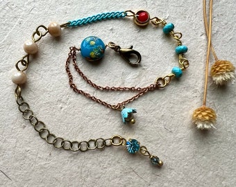 Turquoise beaded charm bracelet, mixed metal bracelet, vintage style, boho bracelet, dainty bracelet, blue bracelet, bohemian bracelet,gift