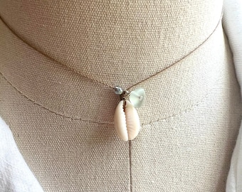 Choker necklace, cowrie shell choker, charm necklace, sea glass choker, string choker, shell necklace, beach necklace, gift for her