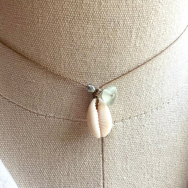 Choker necklace, cowrie shell choker, charm necklace, sea glass choker, string choker, shell necklace, beach necklace, gift for her